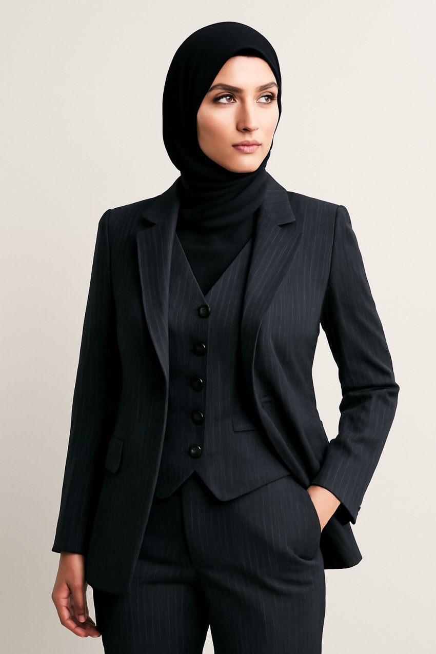 کت شلوار ژیلهدار سه تکه زنانه رنگ ذغالی با طراحی رسمی و استودیویی