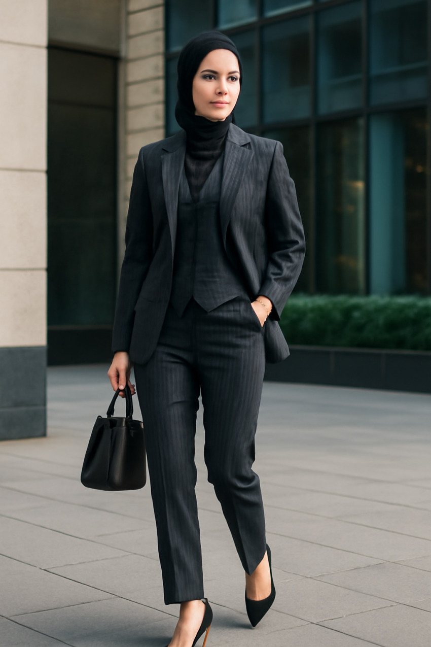 استایل کامل با کت شلوار ژیلهدار سه تکه زنانه در فضای شهری با کیف و کفش همخوان