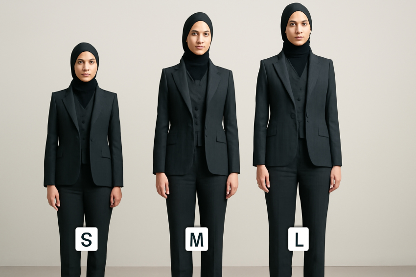 نمای تنخور کت شلوار ژیلهدار سه تکه زنانه روی سه اندام متفاوت با برچسب سایز S، M و L