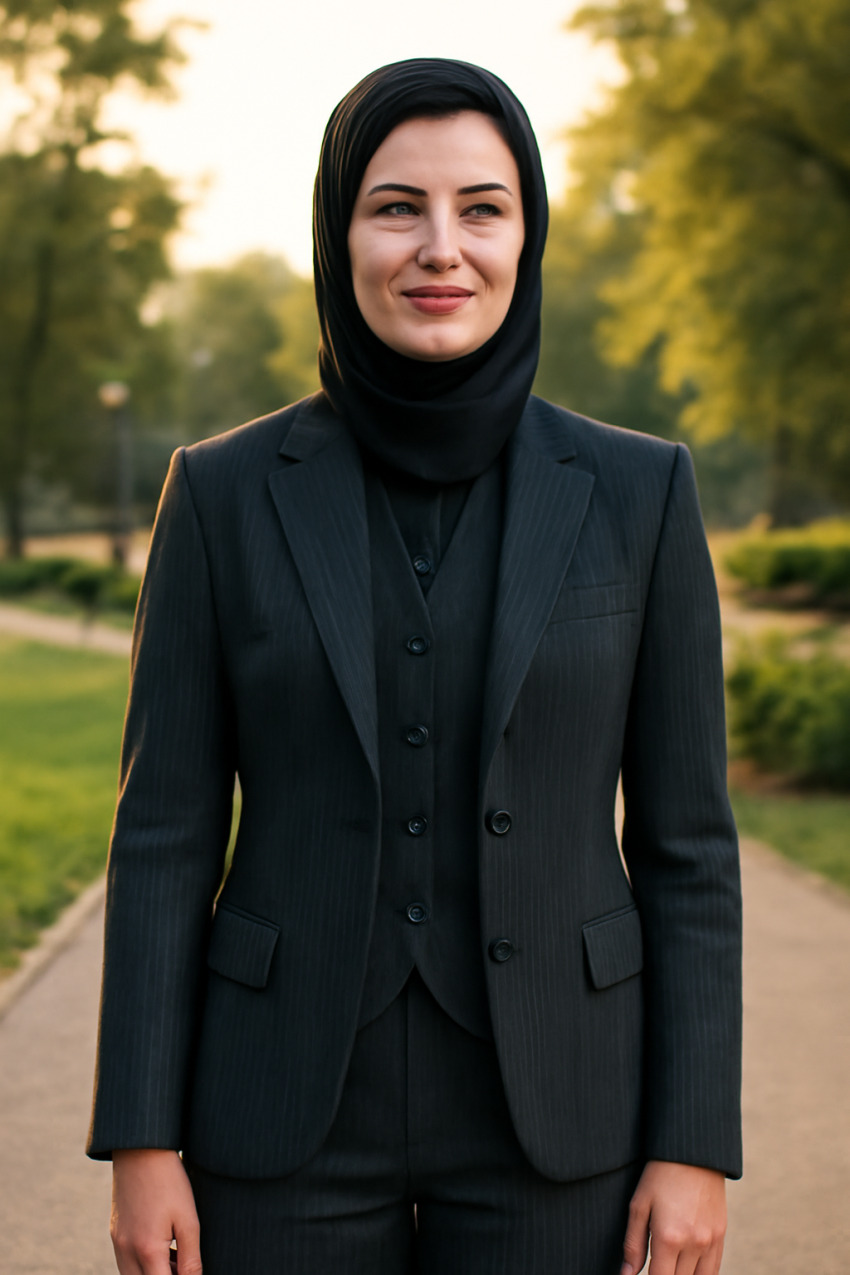 ظاهر نهایی با کت شلوار ژیلهدار سه تکه زنانه در نور عصر، آماده خرید