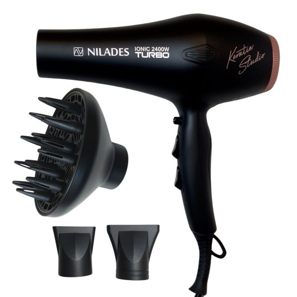 سشوار حرفه ای نیلادس 2400 وات مشکی با دیسپانسر و متمرکز کننده