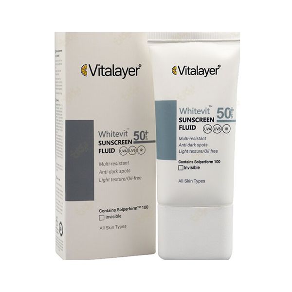 فلوئید ضد آفتاب SPF 50 ویتالیر مدل Whitevit مناسب انواع پوست کدر و دارای لک حجم 50 میلی لی